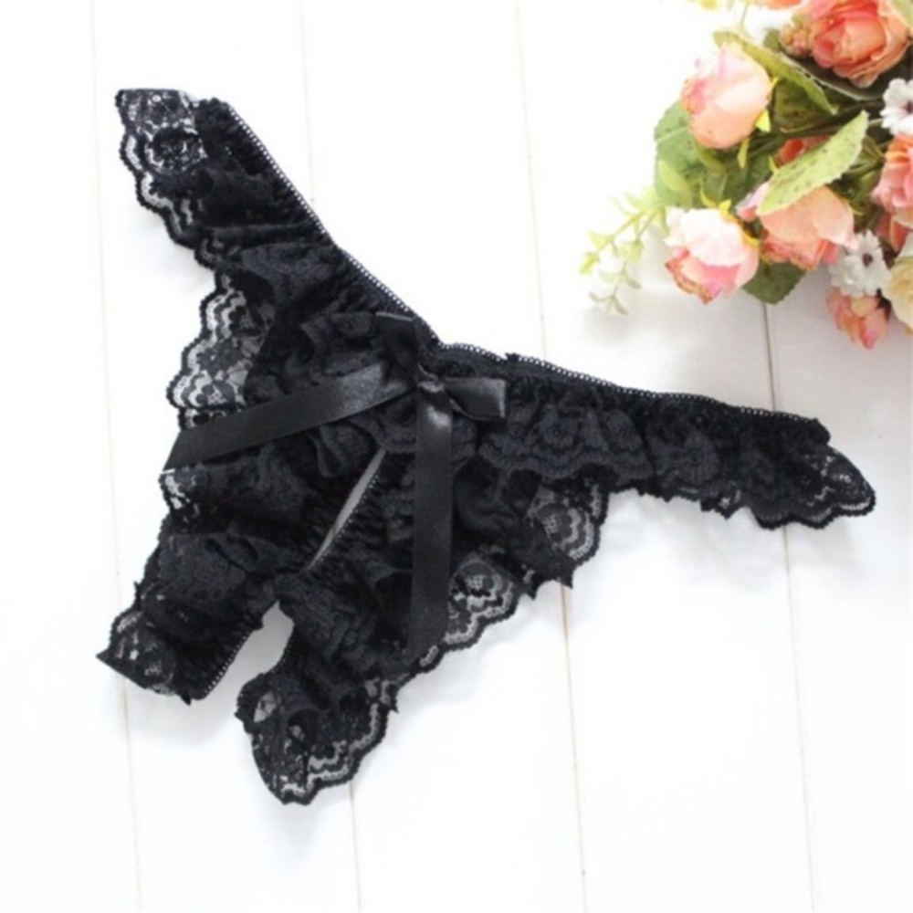 Black  All lace open crotch G-String Thong. Classic Lace Thong. 24" to 36" waist